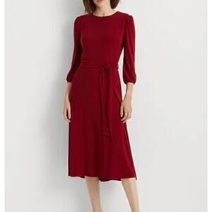 Lauren Ralph Lauren Black Label Jersey Midi Dress Belted Maroon Red Size 14